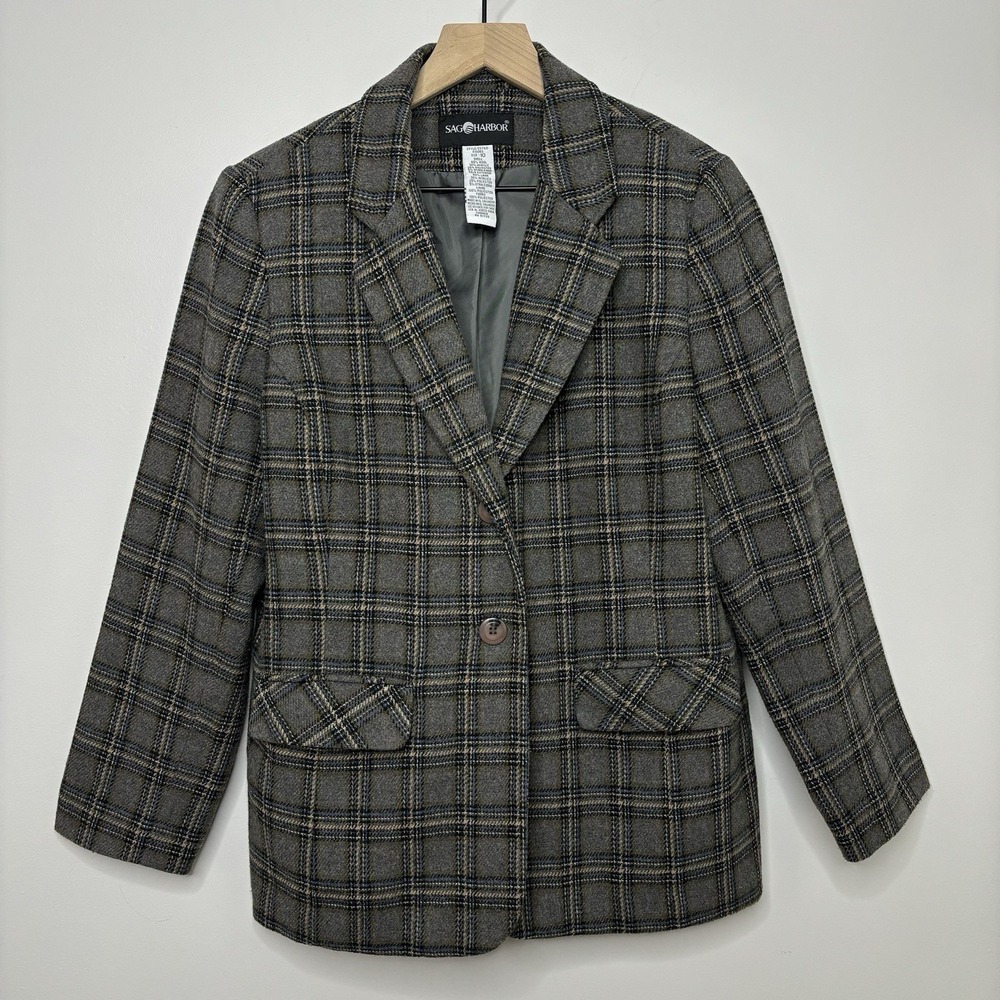 Sag Harbor Wool Blazer 10 Gray Jacket Plaid  Classic‎ Office Casual Academia